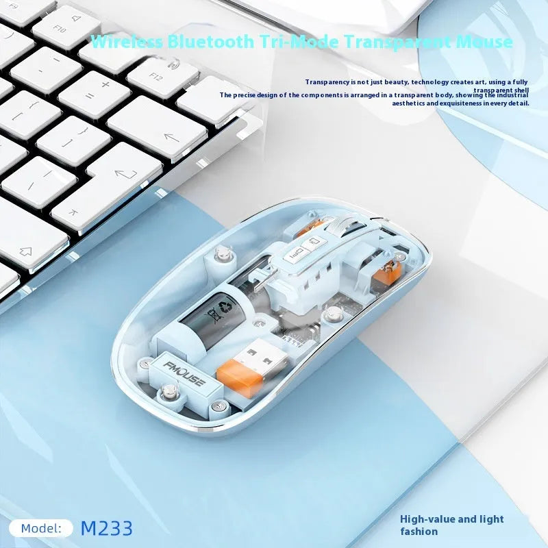 Transparent plastic wireless mouse for computers on a desk