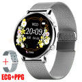 Bluetooth call smartwatch with stainless steel strap showing touch screen interface with health metrics display
