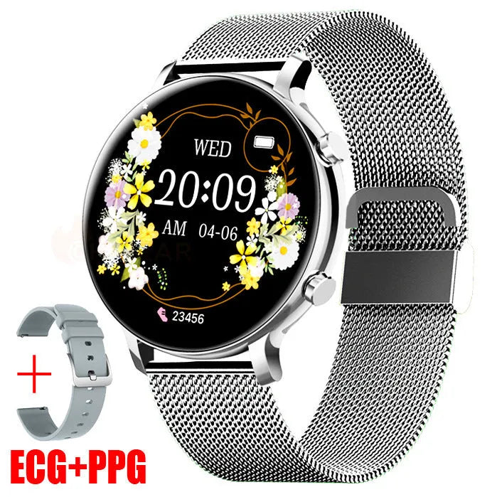 Bluetooth call smartwatch with stainless steel strap showing touch screen interface with health metrics display