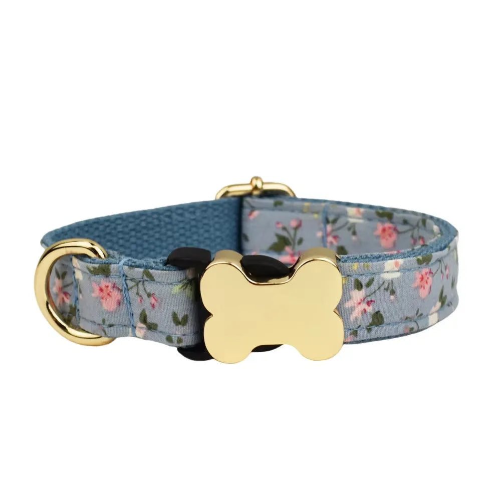Flat nylon dog collar with grid pattern and bone-shaped buckle in multiple colour options