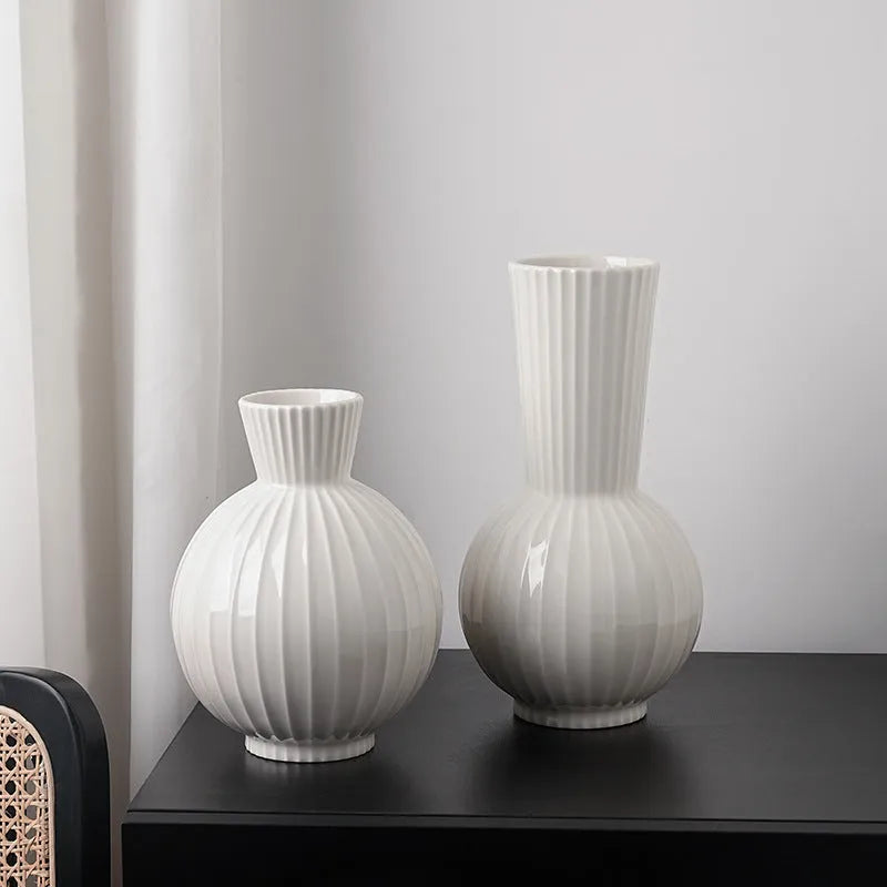 White ceramic vase with striped ball design in American country style for table decoration