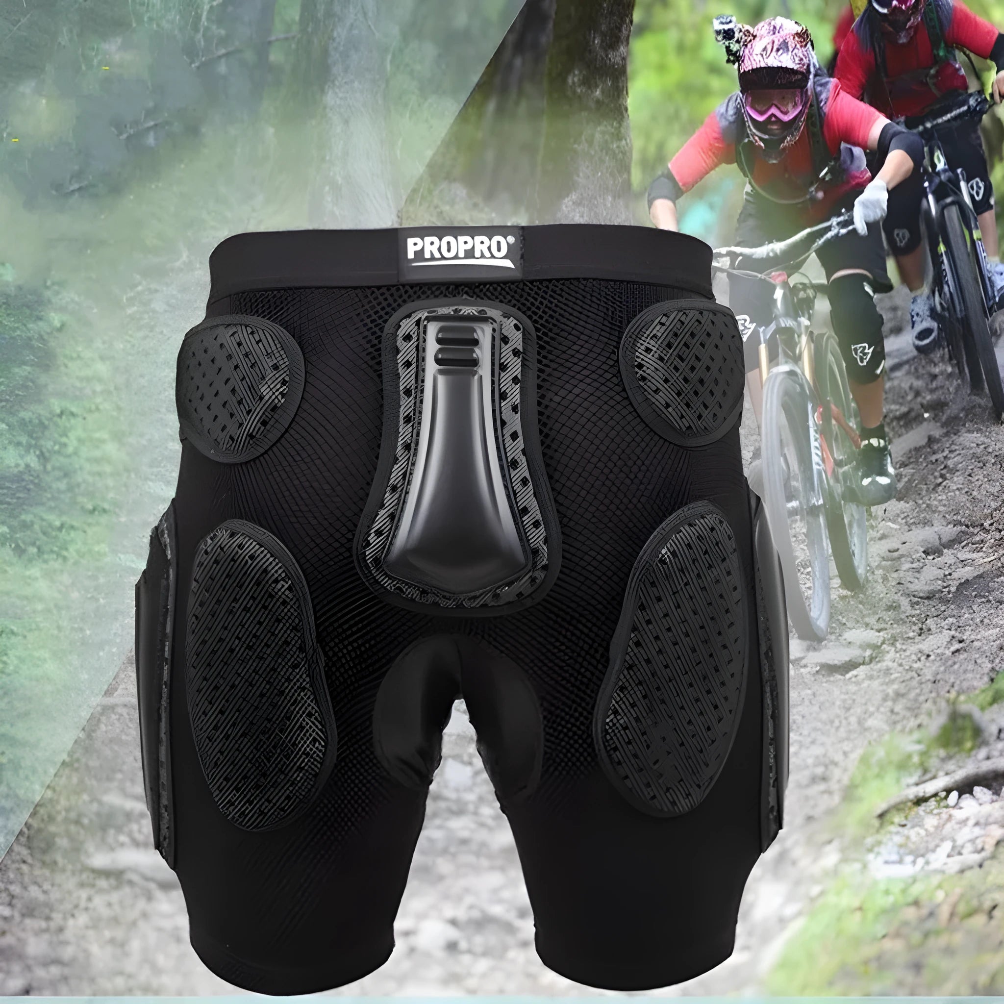 Black cycling hip protection pants with integrated pads for sports safety.