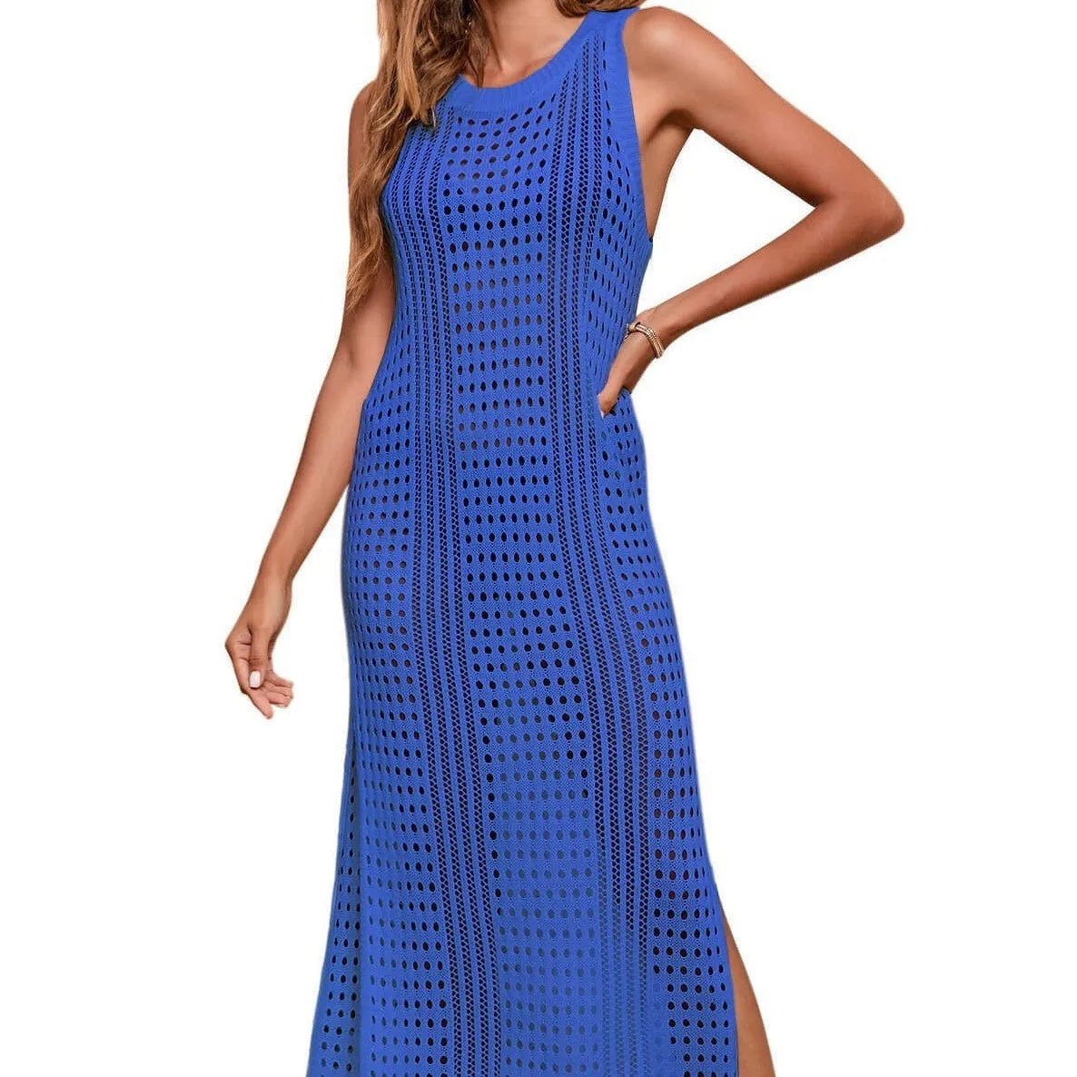Long loose apricot coloured knitted beach blouse for women worn as a swimsuit cover-up.