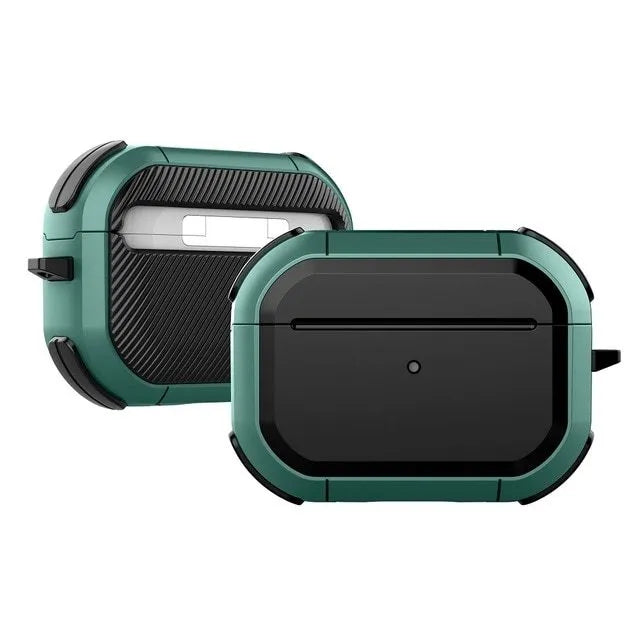 Black TPU and PC protective shell case for AirPods Pro and AirPods 1/2 generation earphones.