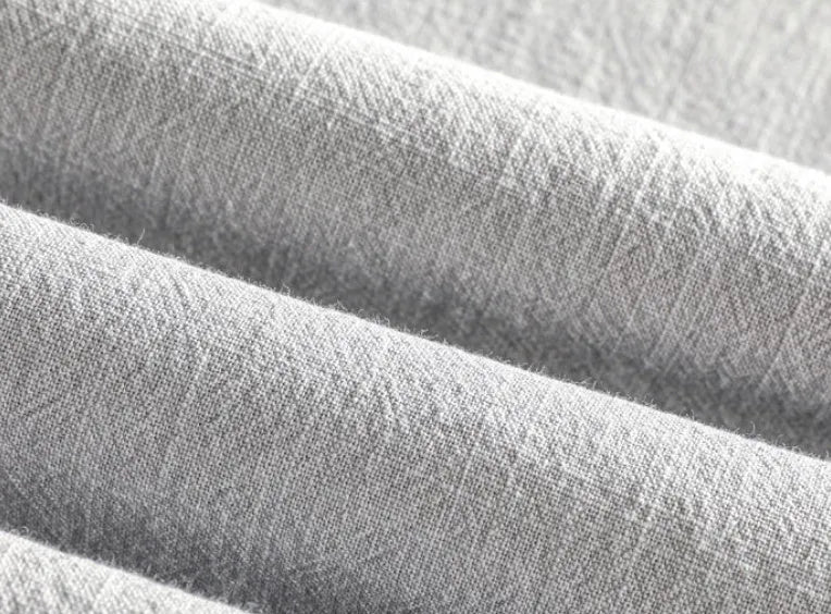 Men's cotton linen casual shirt in loose fit showing four colour options: milky white, navy blue, light grey, and sky blue