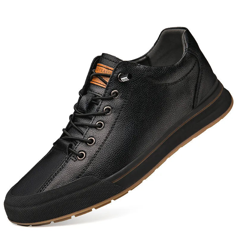 Men's white and black leather casual shoes with flat heel and round toe in multiple seasonal variations