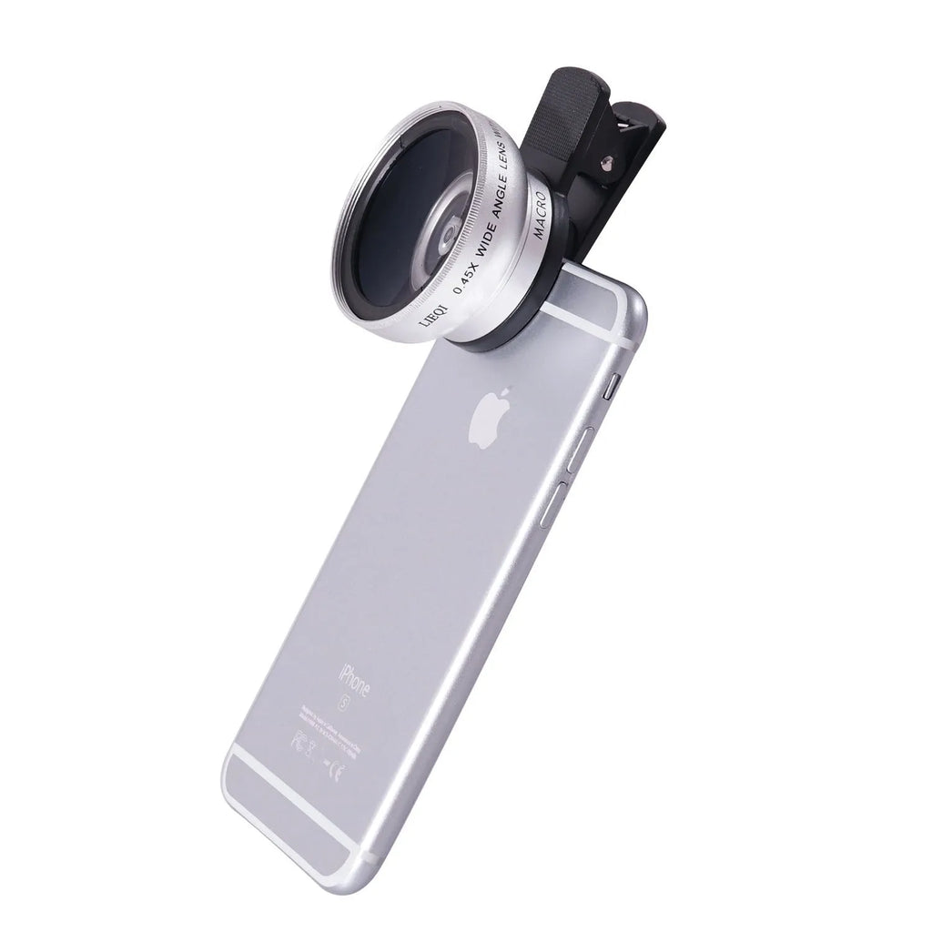 LIEQI 0.45X wide angle and macro external lens for mobile phone camera in silver finish