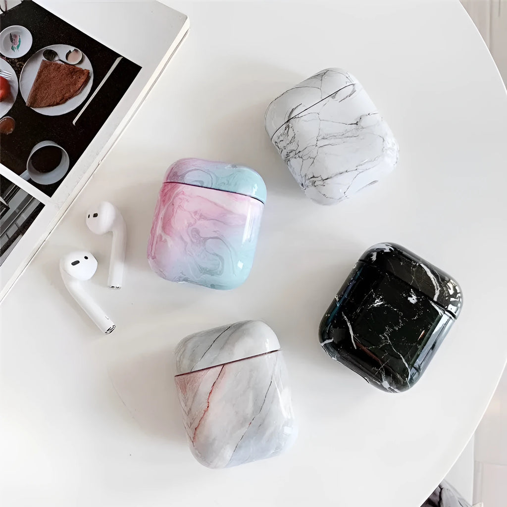 Hard white marble protective case cover for Apple AirPods 1 and AirPods 2 charging case.