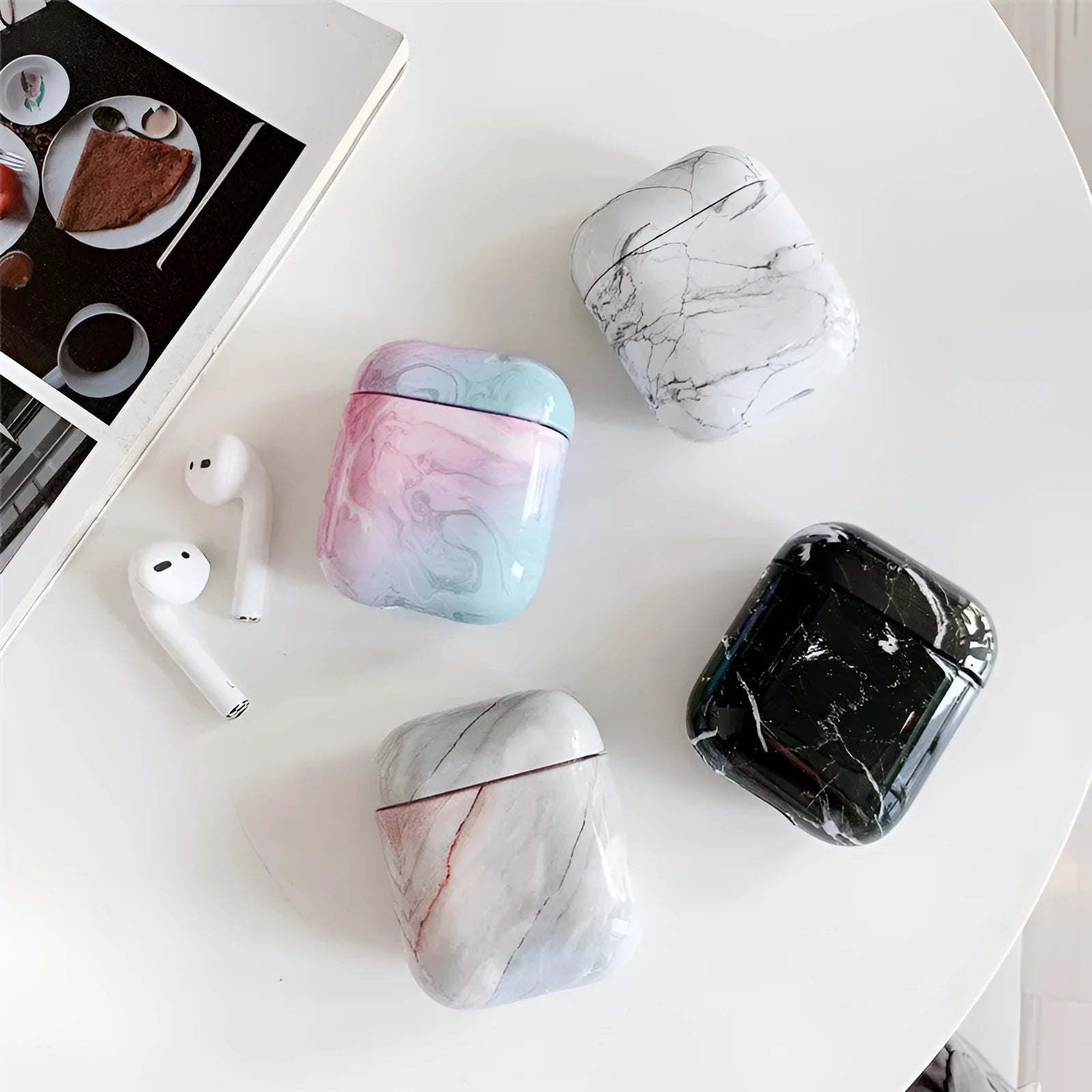 Hard white marble protective case cover for Apple AirPods 1 and AirPods 2 charging case.