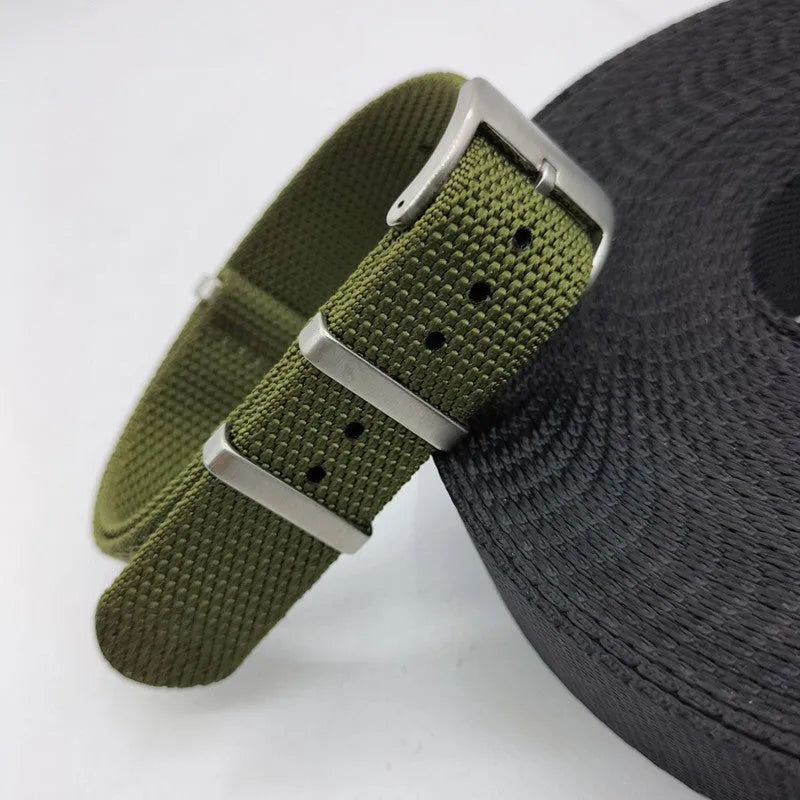 Nylon integrated watch strap in Army Green colour showing textile texture and 20mm width.