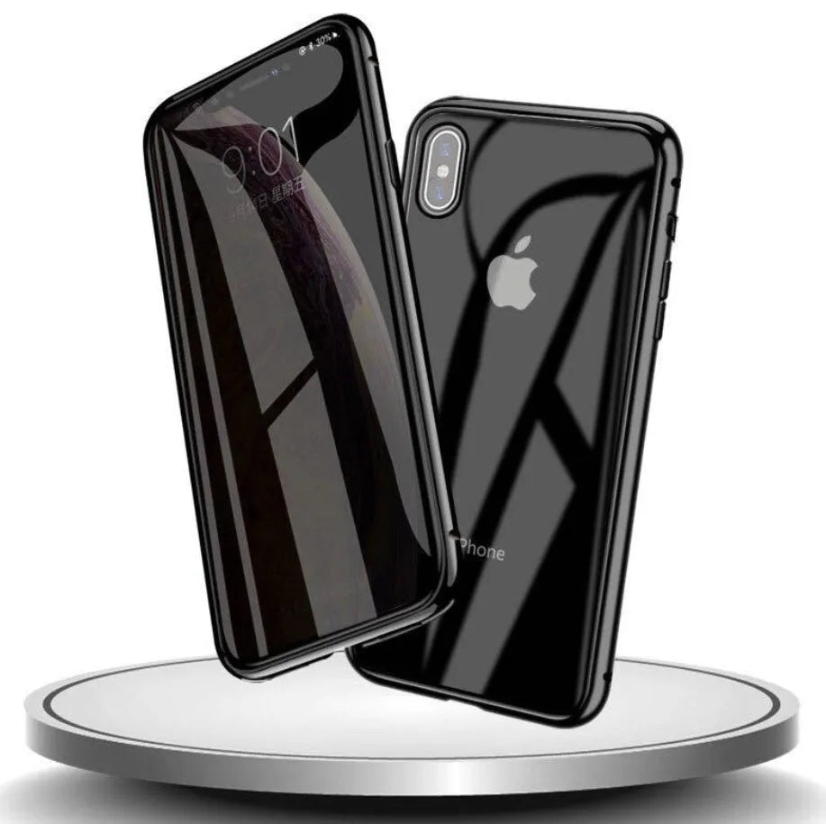 Glass anti-spy iPhone case with clamshell cover shown in black, silver, red, gold, green, and blue colour options.