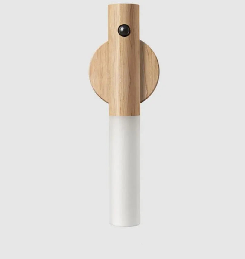 Smart sensor LED desk lamp with solid wood base on a desk