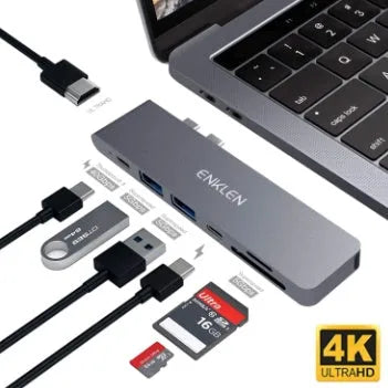 Type C adapter with SD and Micro SD card slots, HDMI, USB 3.0, and charging ports