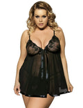 Women's black lace mesh sleepdress showing seamless construction and extended sizing