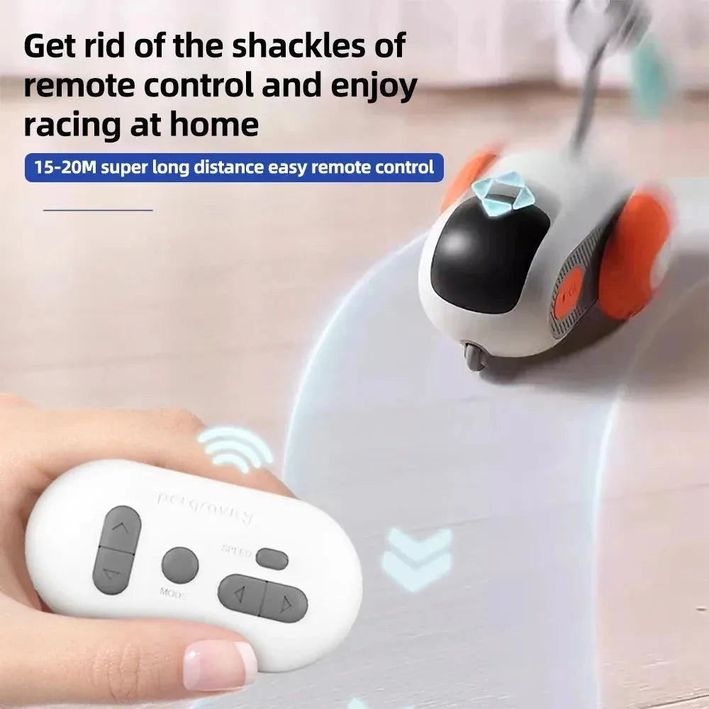 Blue and orange smart cat toy car with remote control and feather teaser attachment