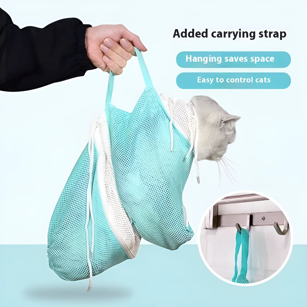 Upgraded fifth generation cat grooming restraint bag in pink and white.