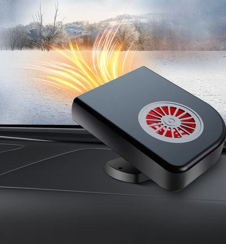 Black compact vehicle-mounted heater for car defrosting and defogging with 360-degree rotation.
