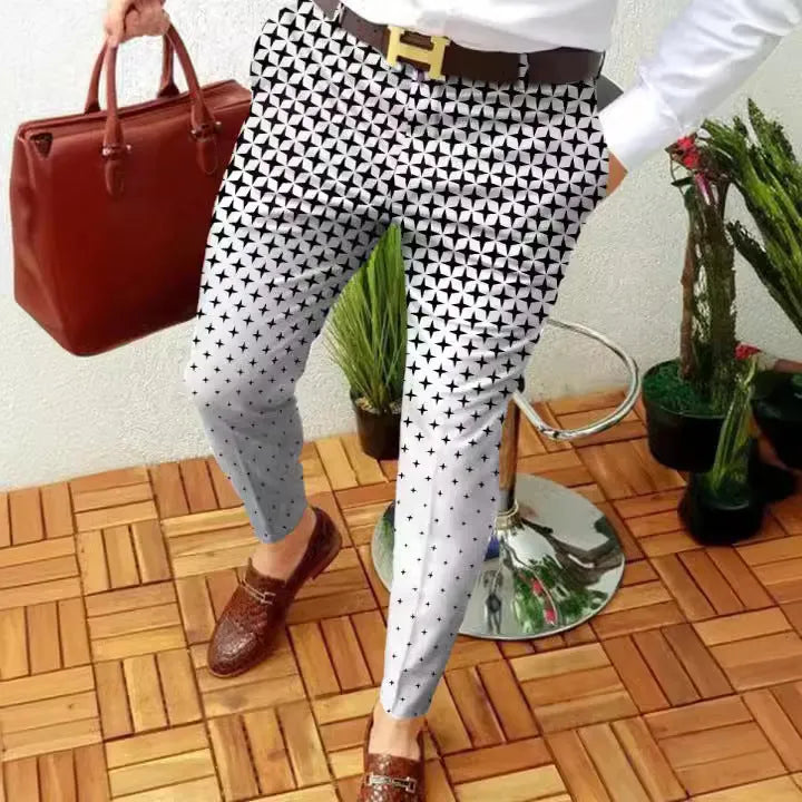 Men's slim-fit plaid casual trousers with elastic waist and straight leg styling