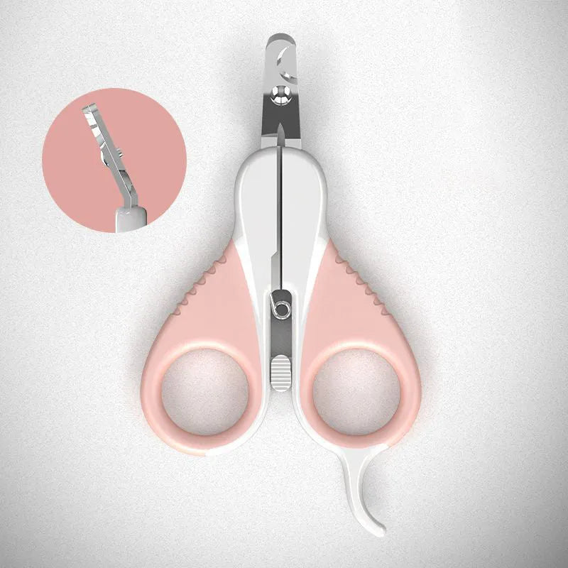 Grey and pink handled cat nail clippers with angled stainless steel blade and safety lock.