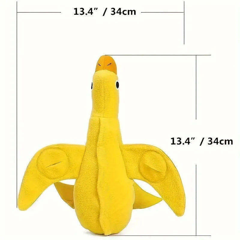Yellow teddy dog toy with central duck doll, featuring a squeaker and treat leak compartment.