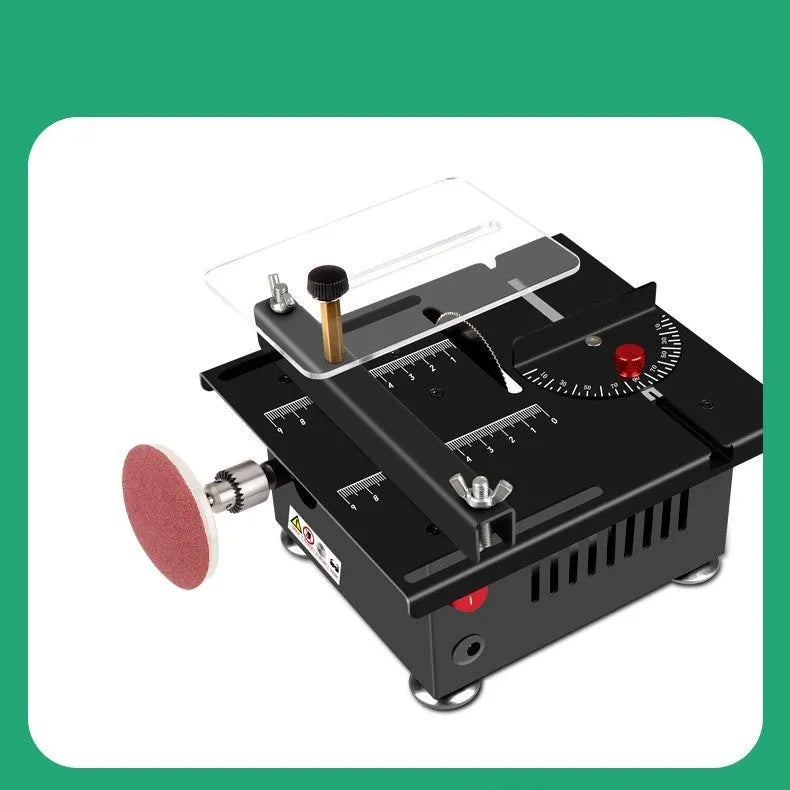 Lithium ion micro household desktop saw with metal construction on workbench