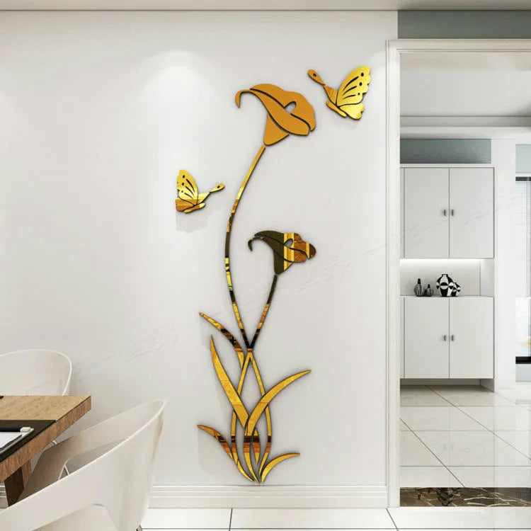 Lily flower 3D acrylic wall sticker in pink on a white wall.