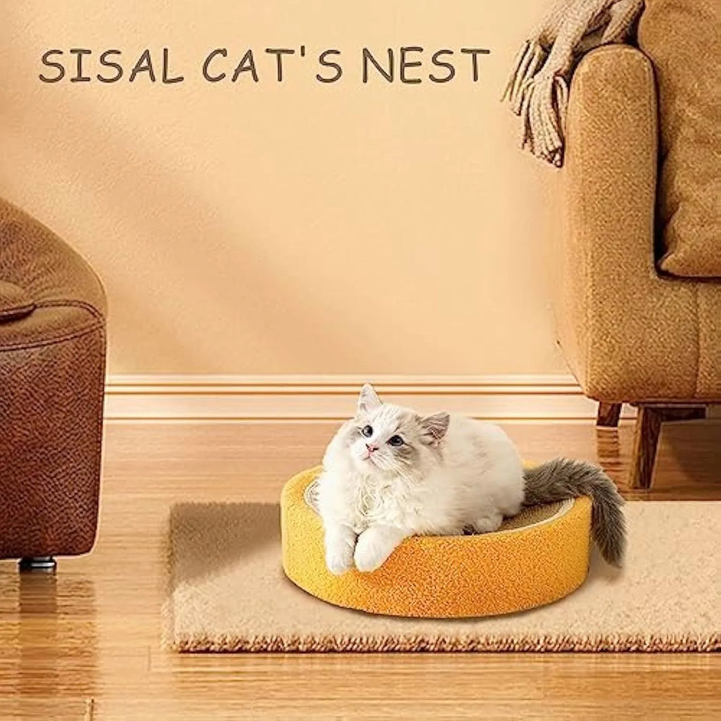 Yellow circular cat scratching board with sisal surface and central sleeping area