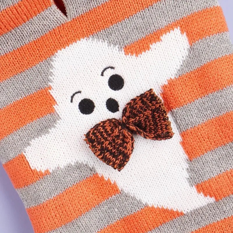 Orange striped Halloween pet sweater with hood and fur ball details for cats and dogs