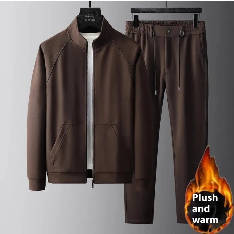 Men's stand collar slim-fit sports suit jacket and trousers in black, coffee, or black fleece-lined options.