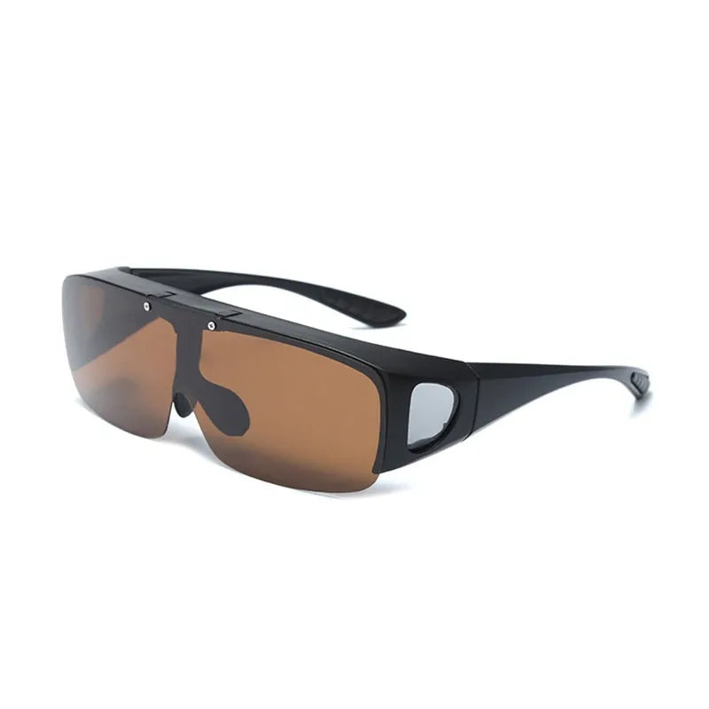 A pair of polarised sunglasses for myopia with one-piece lenses, shown in a colour option like black or green.