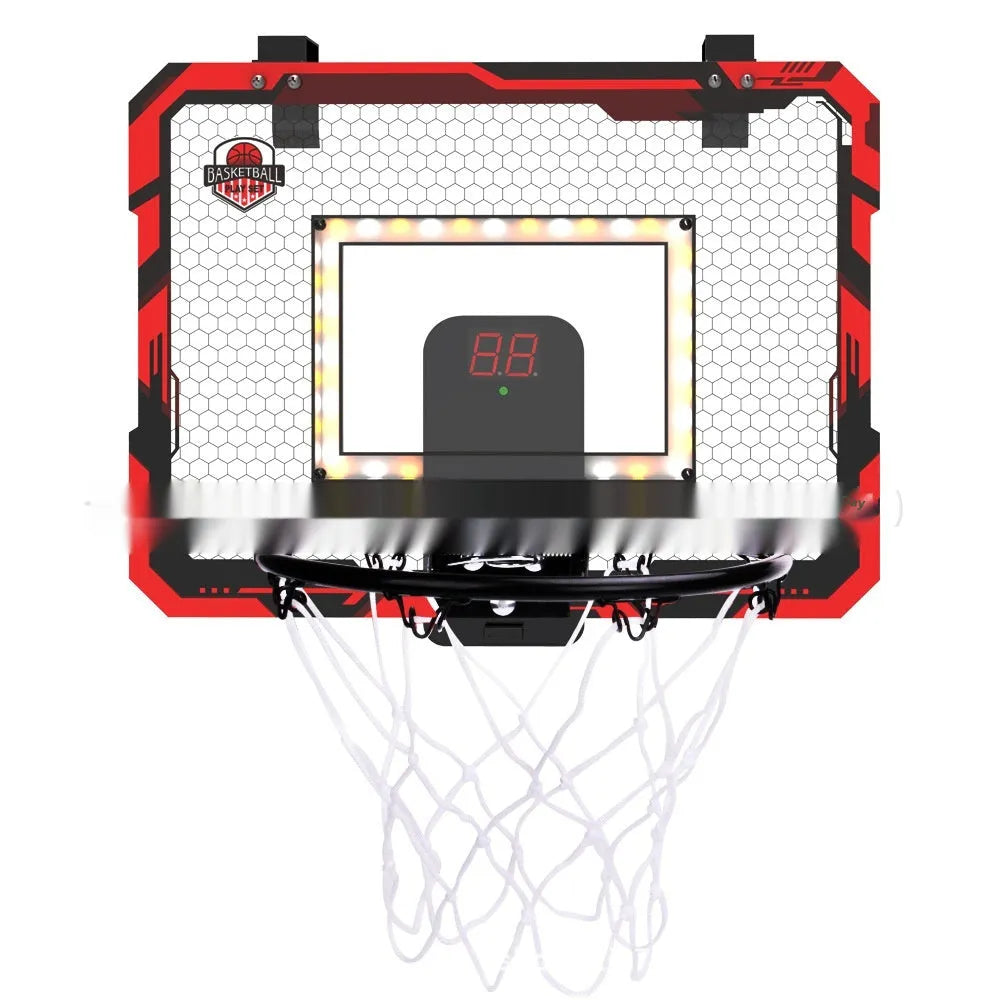 Red and blue folding basketball frame with suction cup and hook on a white wall.
