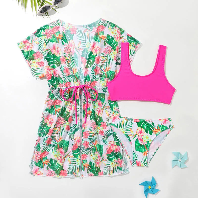 Girls' two-piece swimsuit with Korean floral pattern in high elasticity polyester fabric