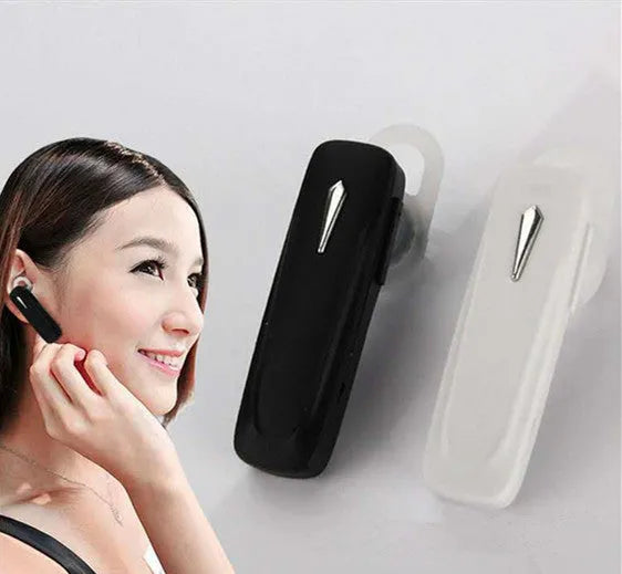 M163 black and white Bluetooth wireless headset for hands-free calls and music in the car.