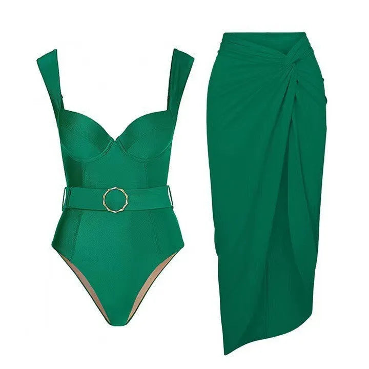 Women's one-piece swimsuit with gauze skirt in polyester fabric