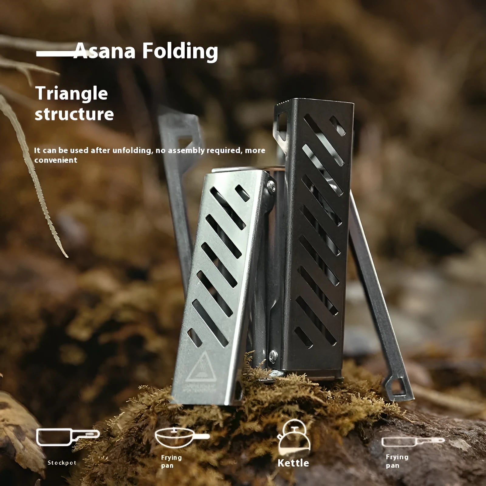 Hexagon alcohol stove in foldable position with black or silver alloy construction for camping