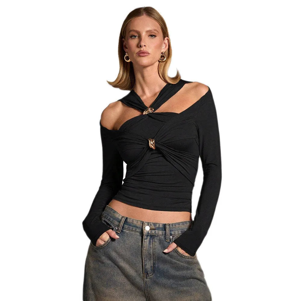 Black women's halter neck top with long sleeves and slim fit silhouette