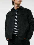 Men's black hooded jacket with suede collar, side pockets, and straight hem design for spring casual wear