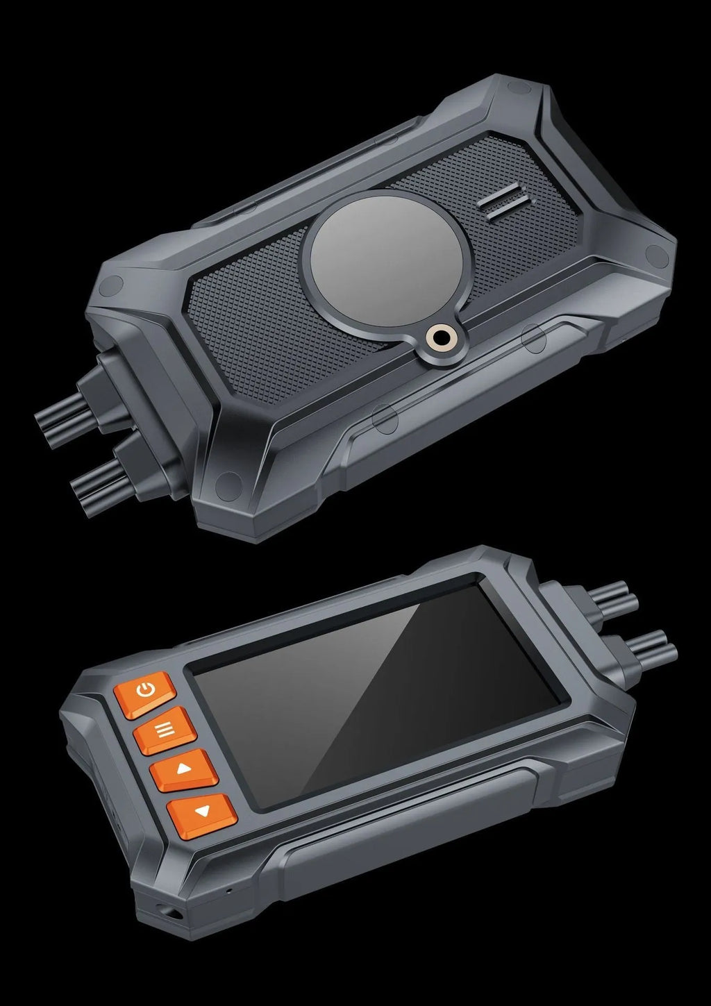 Motorcycle dash cam unit with 3-inch screen, dual lenses, GPS module, and installation cables on a black background.