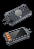 Motorcycle dash cam unit with 3-inch screen, dual lenses, GPS module, and installation cables on a black background.