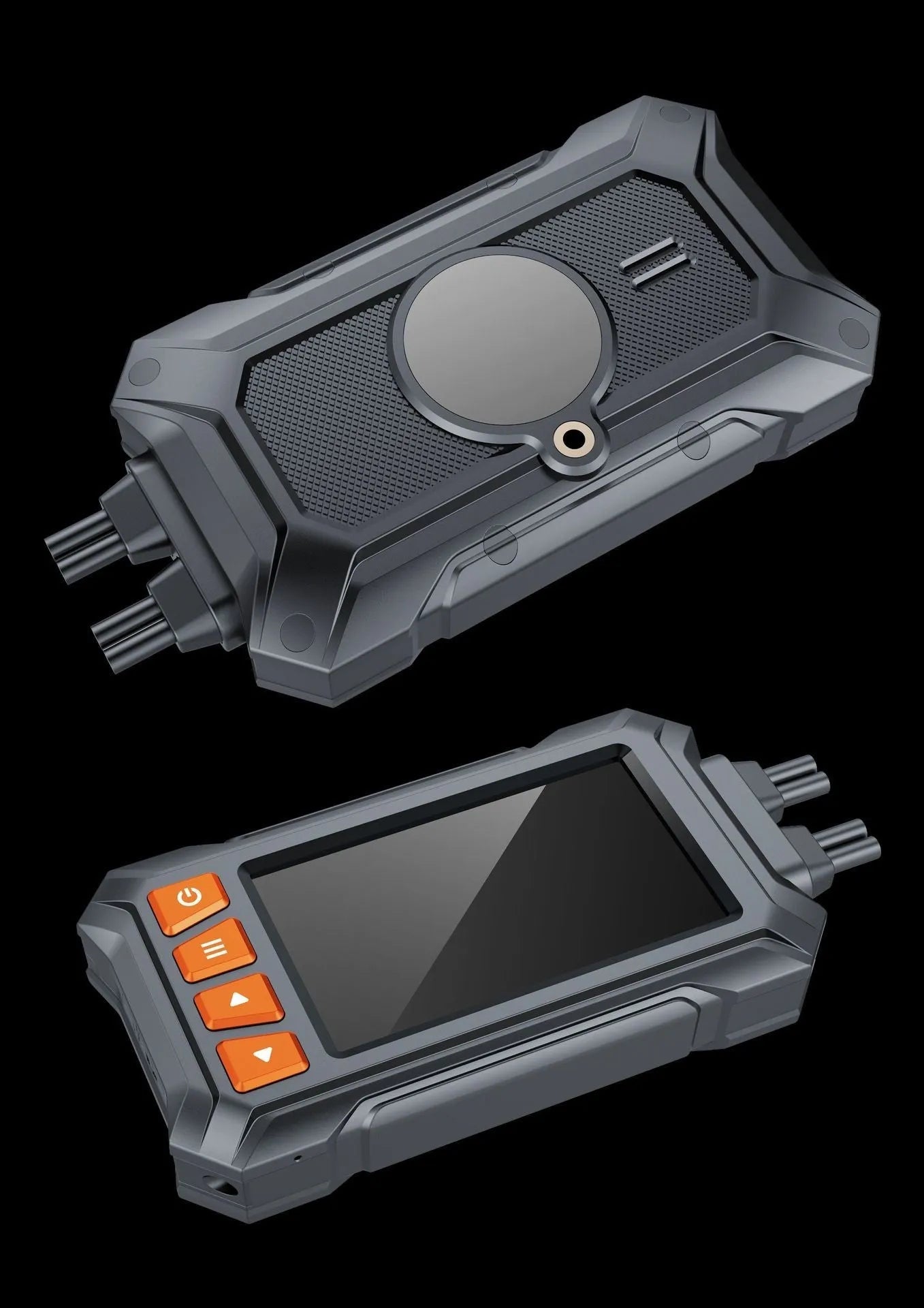 Motorcycle dash cam unit with 3-inch screen, dual lenses, GPS module, and installation cables on a black background.
