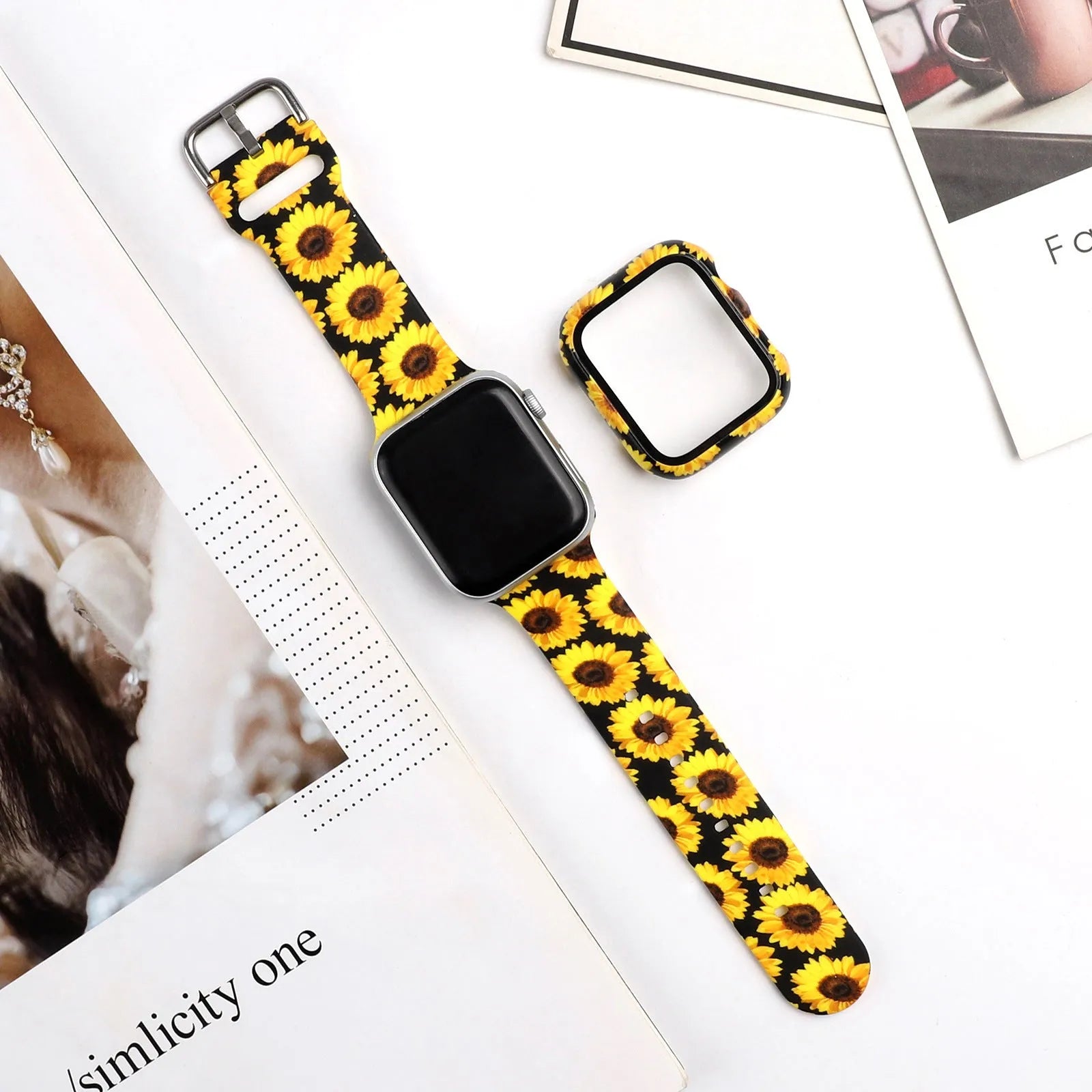 Printed silicone replacement strap for Apple Watch in various styles and sizes