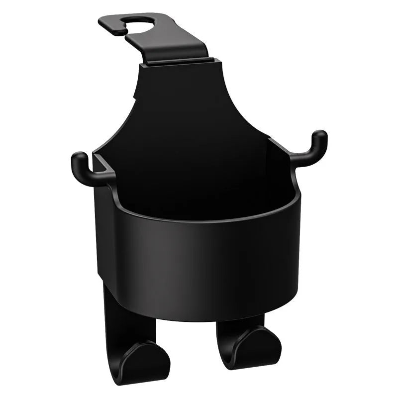 Black plastic car seat back organiser with cup holder and storage hooks