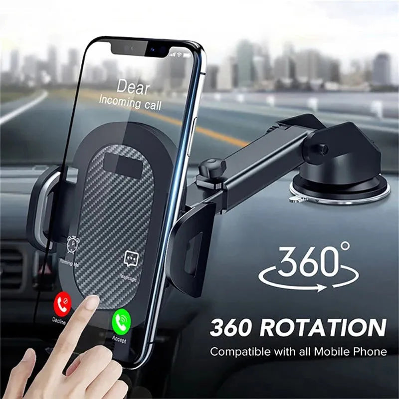 Black universal dashboard car phone holder for mobile phones between 4 and 7 inches.