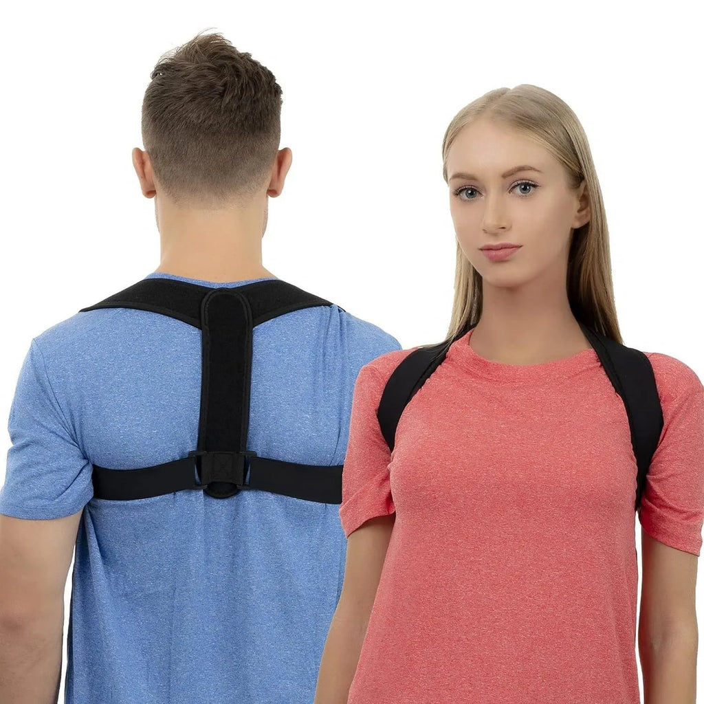 Black adjustable posture correction strap with elastic materials and shoulder pads