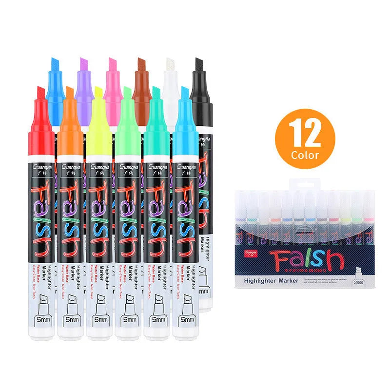 Refillable fluorescent board pen with 6mm chisel tip and pressure valve design in plastic shell