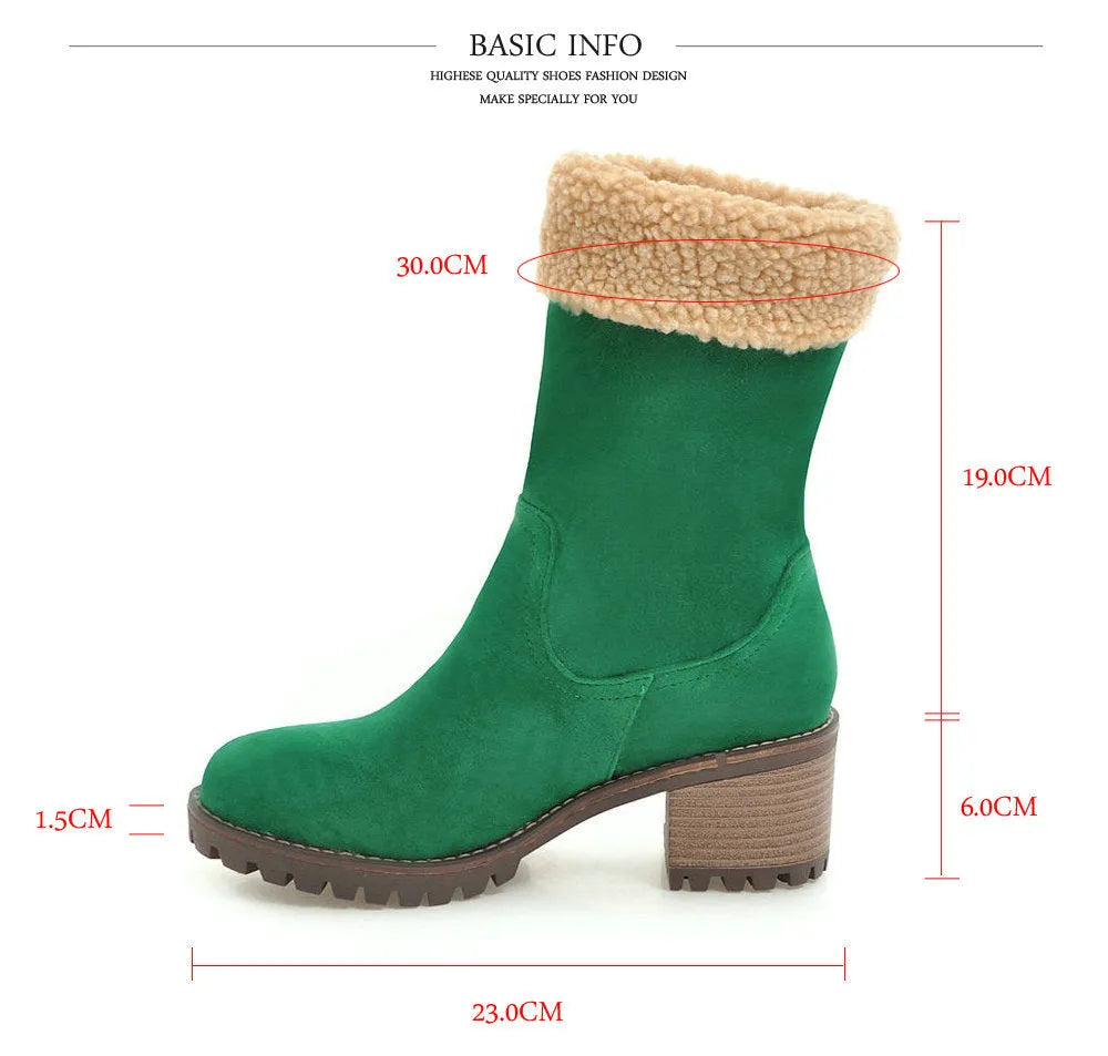 Snow boots with rubber soles and plush lining in black, grey, green, or orange colours