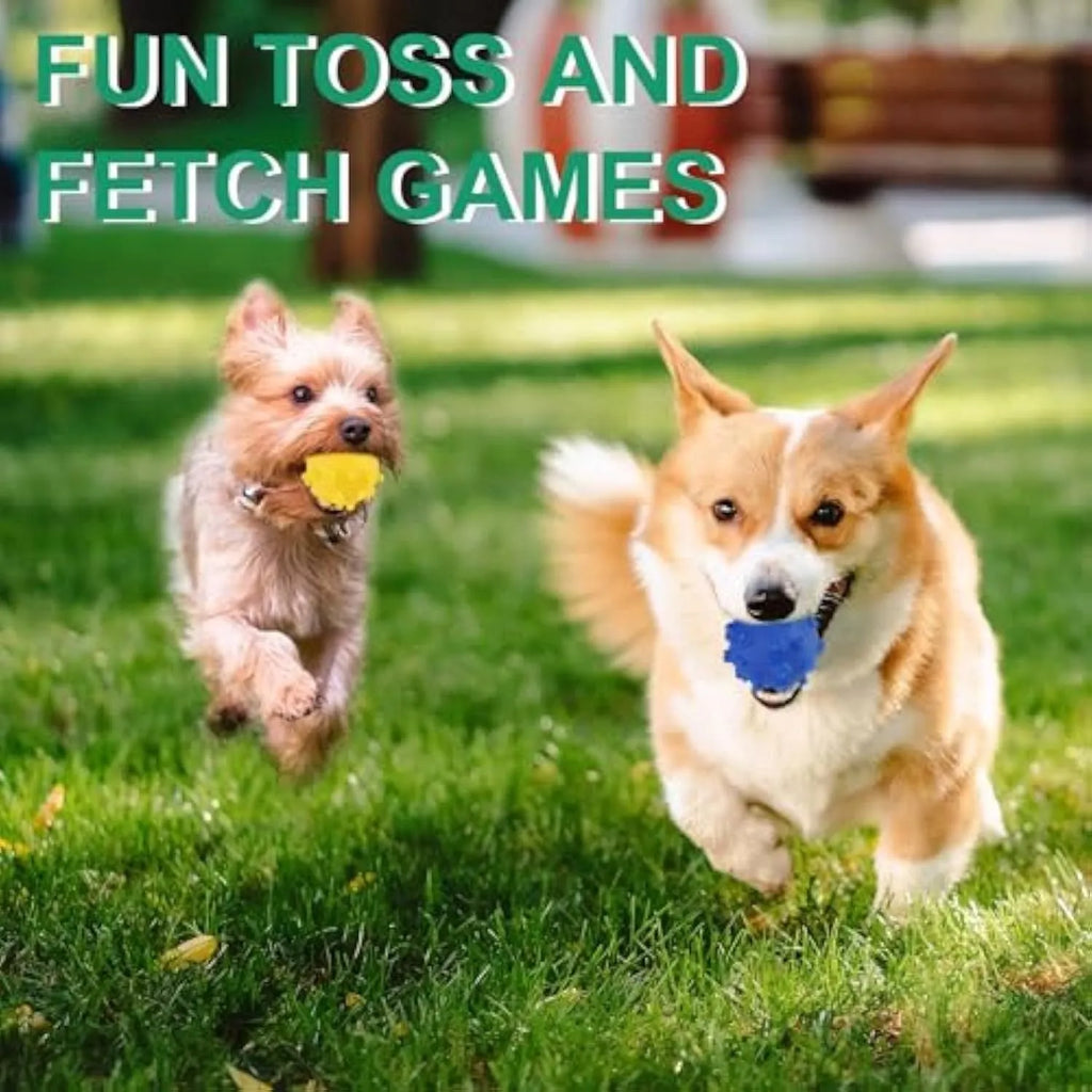 Bright blue, green, pink, and yellow spiky dog toy balls with paw print dimples, shown next to a small dog.