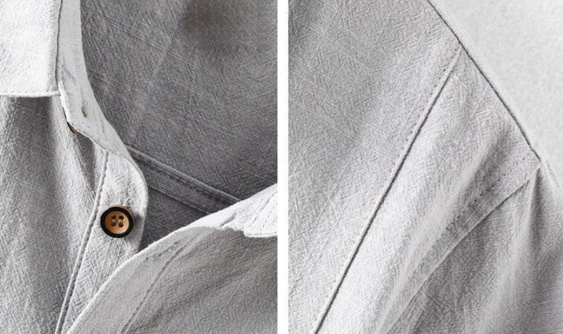 Men's cotton linen casual shirt in loose fit showing four colour options: milky white, navy blue, light grey, and sky blue