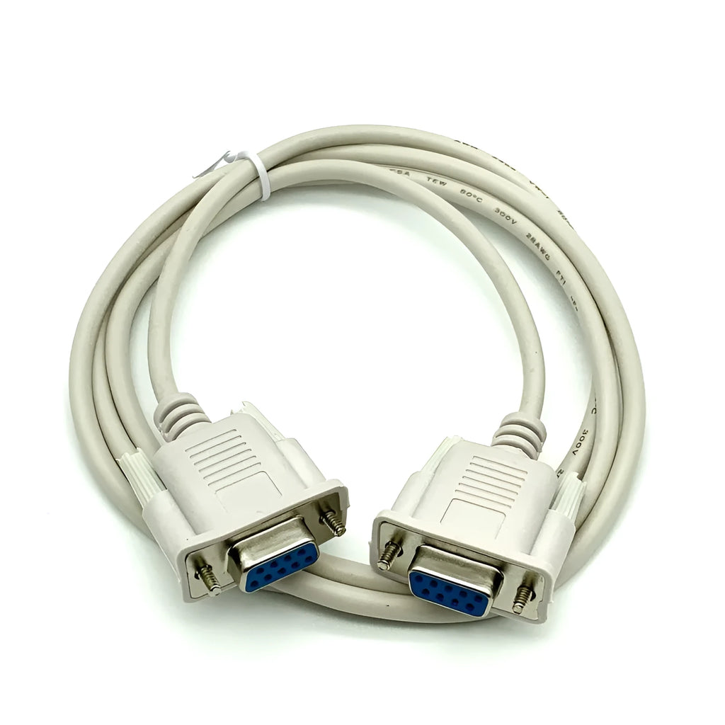 Milky white RS232 serial cable with DB9 female connectors on both ends, 1.5 metres long