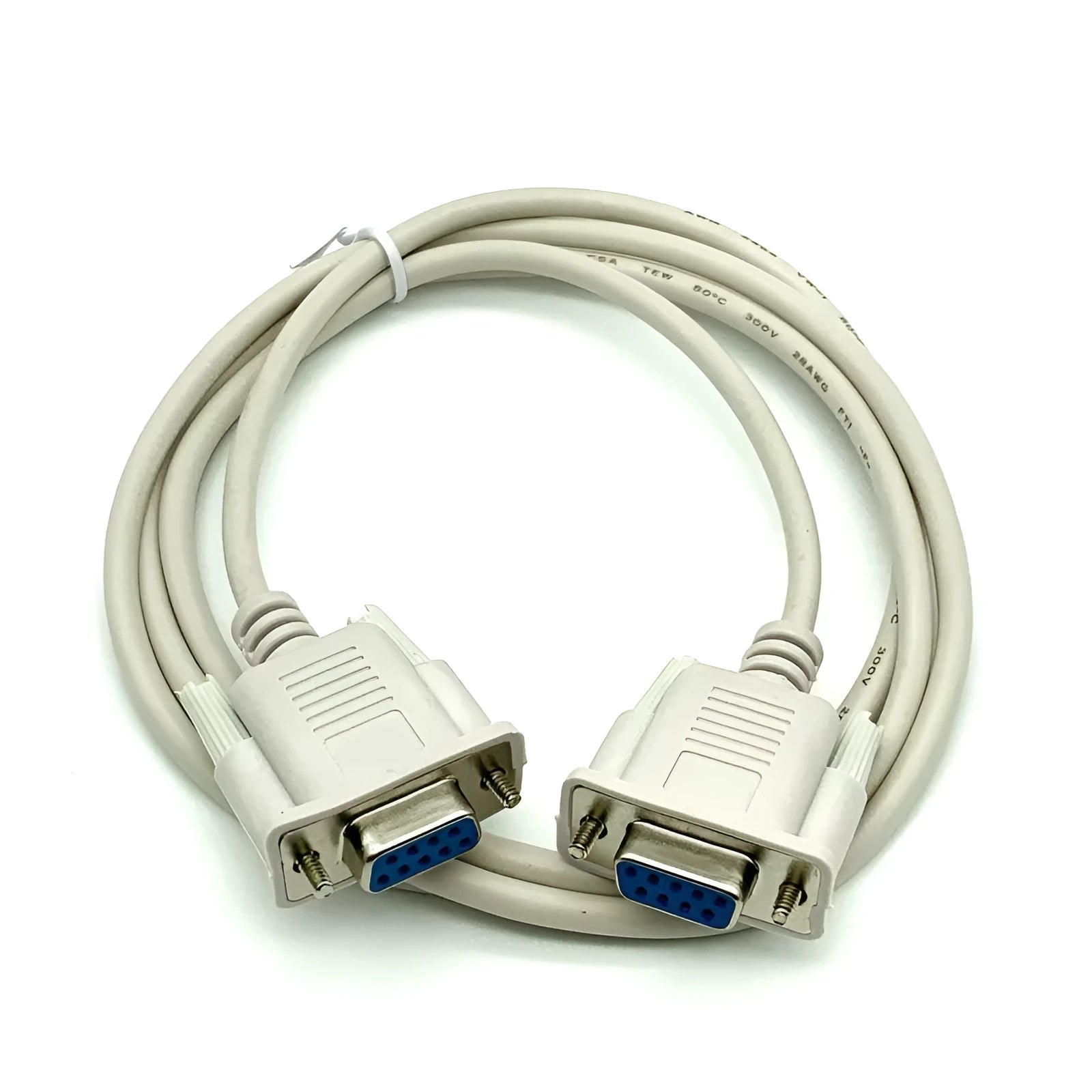 Milky white RS232 serial cable with DB9 female connectors on both ends, 1.5 metres long